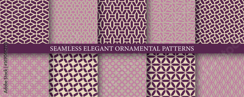 Collection of vintage seamless geometric color patterns - elegant design. Ornamental repeatable luxury classic backgrounds. Grid strict textures - unusual prints