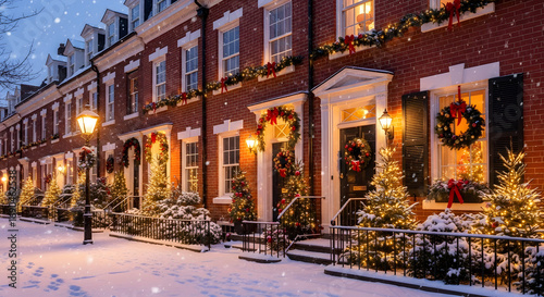 Wallpaper Mural Snowy Row Houses Decorated for Christmas with Wreaths and Lights on Quiet Winter Street Torontodigital.ca