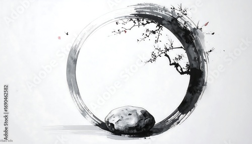 Zen circle art with tree and stone