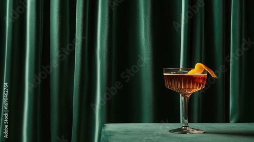 Elegant cocktail in a stemmed glass with orange peel garnish against a deep green curtain