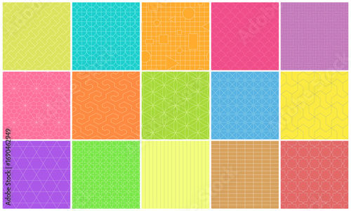 Collection of bright colorful geometric seamless patterns - symmetry grid textures. Vector repeatable ornamental vibrant backgrounds