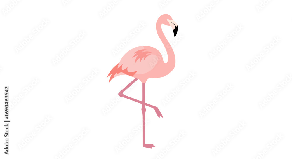 Fototapeta premium Illustration of a pink flamingo standing on one leg against a white background.