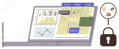 Laptop screen displaying task management board, analytics with graphs, and security icons. Ideal for productivity, analytics, workflow, planning, security, project management simple flat metaphor