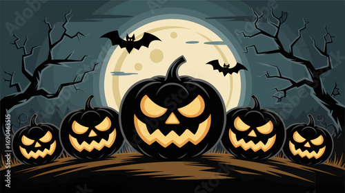 Spooky halloween night with glowing jack o lanterns and bats flying in front of a large full moon silhouette