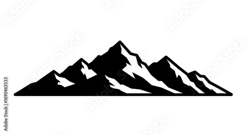 Monochrome mountain range illustration with jagged peaks and snow-covered areas, set against a clean white background.