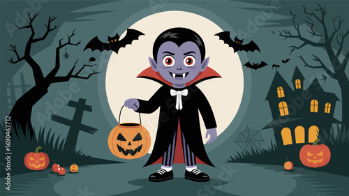 Spooky halloween night with a cute vampire character holding a jack o lantern bucket surrounded by bats and haunted house silhouette