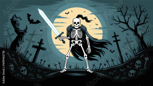 Spooky halloween skeleton warrior with glowing sword and cape standing in a graveyard under a full moon silhouette