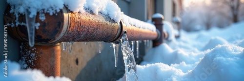 Frozen pipes bursting under snow, icicles hanging, winter plumbing disaster Repair needed, frozen water, emergency service , ice, frozen pipes
