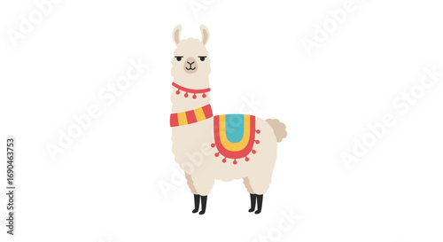 Illustration of a llama with colorful saddle and neck decoration on white background.