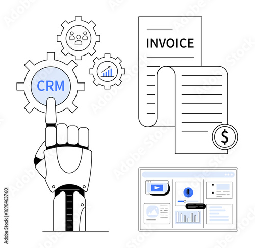 Robotic hand activating CRM gear, invoice with currency icon, and dashboard with charts and media tools. Ideal for technology, automation, robotics, finance, CRM, business analytics digital
