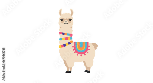 Illustration of a llama with colorful decorations around its neck and on its back.