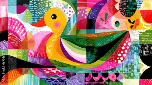 Colorful abstract illustration of a duck surrounded by vibrant geometric patterns and textures in various shades and shapes