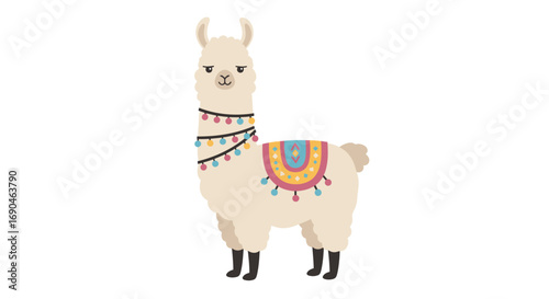 Illustration of a llama with colorful decorations on a white background.