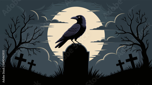 A solitary black crow perched atop a tombstone in a spooky graveyard under a large full moon silhouette
