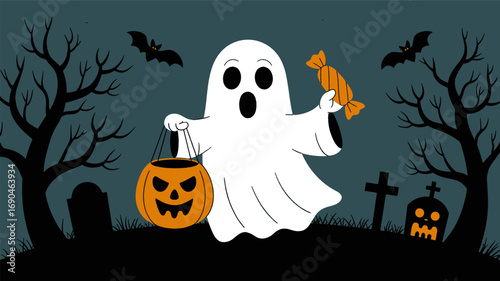 A friendly white ghost holding a candy and a jack o lantern bucket in a spooky graveyard at night with bats flying silhouette