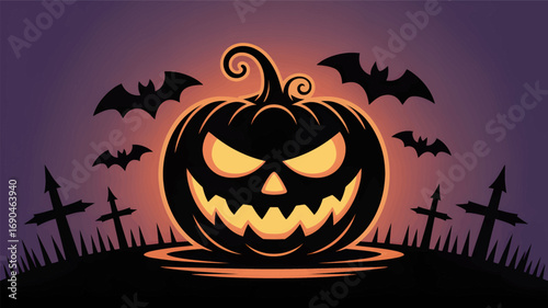 Spooky halloween pumpkin carved with a scary face glowing from within surrounded by bats and gravestones in a dark night silhouette