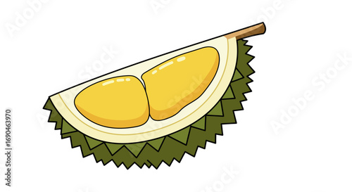 Illustration of a slice of durian fruit with its characteristic spiky husk and yellow flesh.