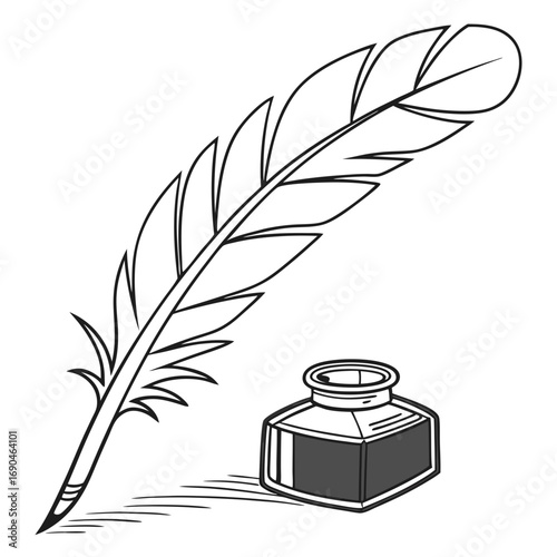 A writing tool made from a flight feather with a sharpened tip, paired with a pot for holding ink.