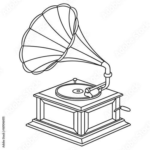 An early device for playing recorded sound, featuring a horn amplifier and a turntable for vinyl records.