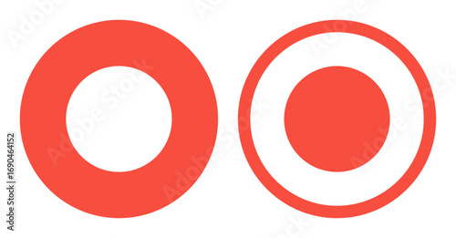 A pair of red vector radio button icons with one filled and one outlined designed for user interface elements web forms and UX UI design projects.