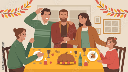 Happy family gathered around a festive thanksgiving dinner table enjoying a meal together in silhouette