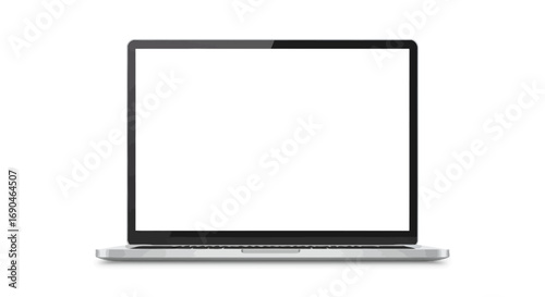 Laptop computer with a blank white screen, isolated on white.