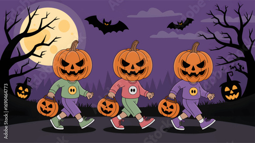 Three spooky jack o lantern headed figures in colorful costumes walk together on a dark halloween night with a full moon and bats silhouette
