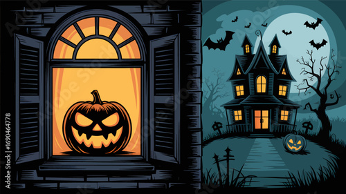 Spooky halloween scene with a carved pumpkin in an open window and a haunted house on a hill under a full moon silhouette