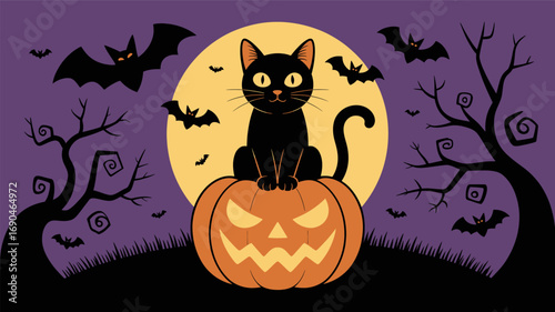 Spooky halloween night scene with a black cat sitting on a carved pumpkin under a full moon with bats flying silhouette