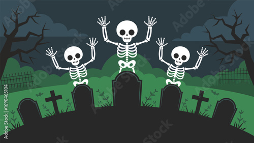 Three happy cartoon skeletons rising from graves in a spooky graveyard at night with a dark forest background silhouette
