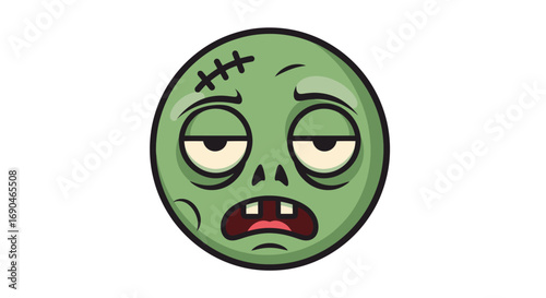 Photos Green Zombie Emoji Face with Stitches and Bloodshot Eyes.