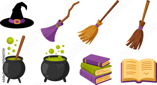 Whimsical halloween illustration featuring a witch s hat bubbling cauldrons broomsticks spell books and potion bottles in a charming silhouette style
