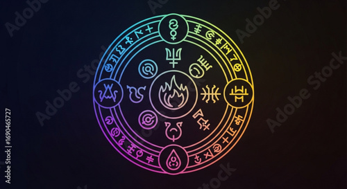 Colorful esoteric circle with alchemical symbols and elements for magic and occult practices design vector