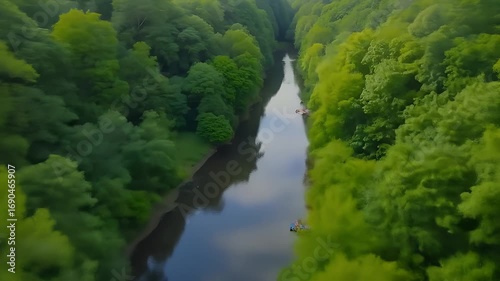 Tranquil river flows through lush green forest