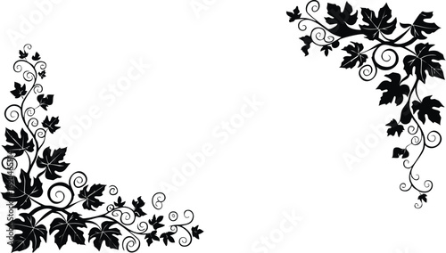 Black vine with leaves and swirls forming decorative corners vector
