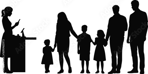 Queue of people silhouettes, waiting in line, service counter, family, children, adults, customer service, flat vector illustration, isolated design