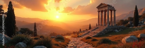 Serene scene of ancient Roman ruins bathed in the golden light of dawn, perfect for meditation and mindfulness A peaceful escape to a historical past , inspirational, historical site, spirituality