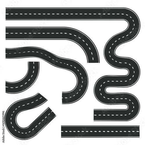 Dark asphalt roads with white dashed lines winding and curving vector