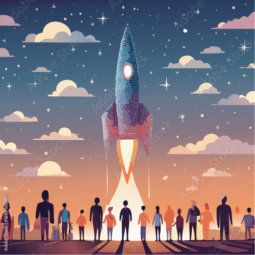 Illustration vectorielle d’une fusée lumineuse dans le ciel nocturne