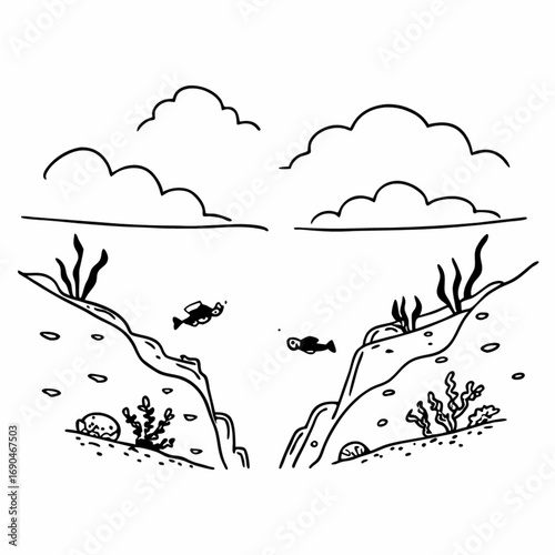 Minimilist illustration of two scuba divers exploring underwater cliffs with clouds above and sea plants below the ocean surface vector