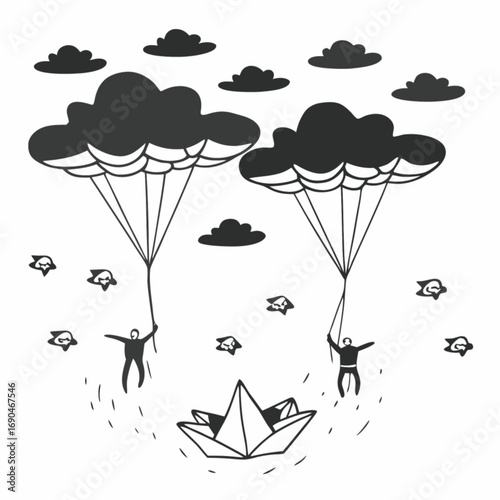 Minimilist illustration of two people floating with clouds above a paper boat surrounded by fish shapes vector