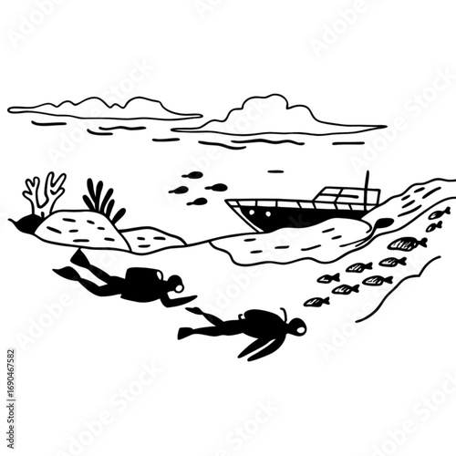 Minimilist two scuba divers exploring underwater with coral reefs, fish, and a boat near the surface of the ocean vector