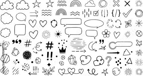 Сollection of various black doodle elements, manga-style illustration pictogram icon set. EPS version.