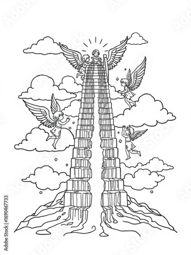 Minimilist angels ascending a staircase to heaven with clouds and waterfall in a black and white line drawing style vector