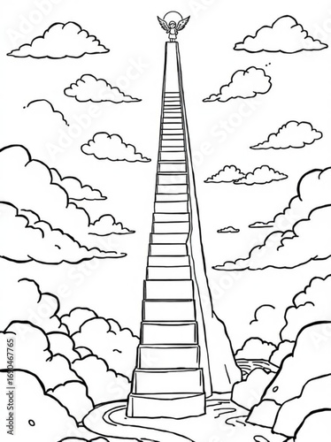 Minimilist a long staircase reaching to an angel in the sky surrounded by clouds in a black and white drawing vector