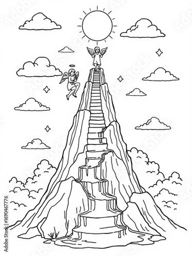 Minimilist illustration of mountain with stairs leading to an angel under the sun with clouds and other angel vector