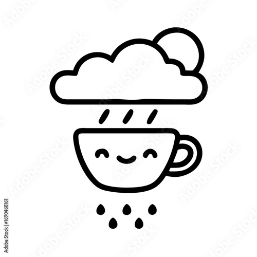 Minimilist a cute coffee cup with a smiling face under a rain cloud with a sun in black and white outline style vector