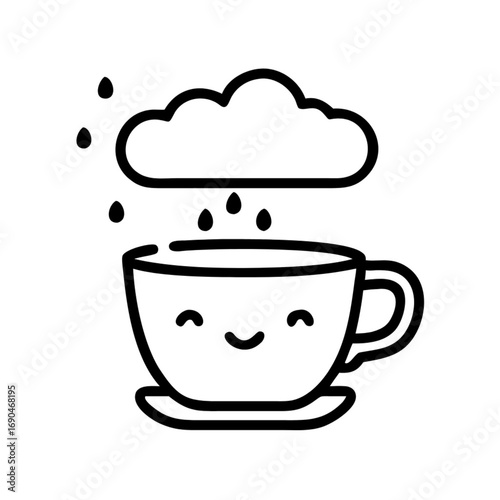 Minimilist a cute teacup with a smiling face under a rain cloud with raindrops falling into the cup design drawing vector