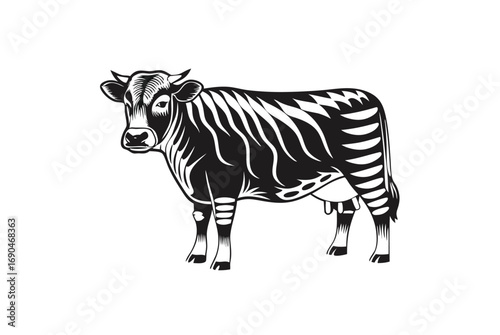 Minimalist Cow with Black and White Stripe Pattern on White Background
