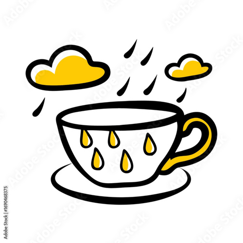 Minimilist stylized drawing of a teacup with rain falling and clouds above in a simple color palette design vector